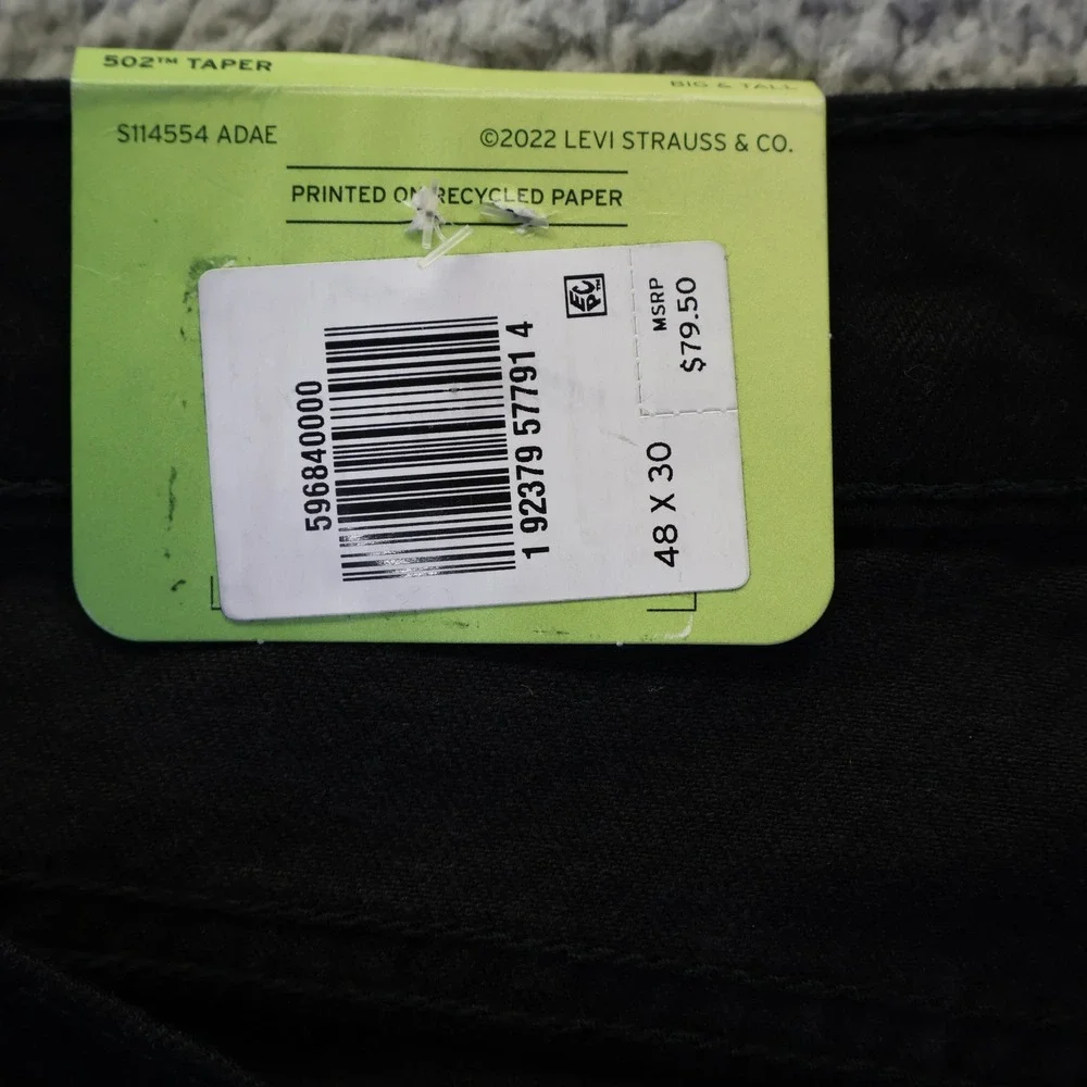 Levis 502 Taper Mens 48x30 Black Flex Stretch Denim Big‎ & Tall Jeans 59684-0000